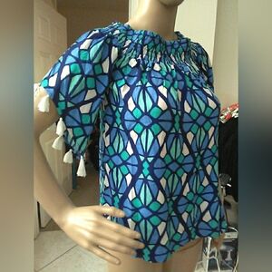 NWT ESCAPADA LIVING  Vibrant Blue Geometric Blouse W/ TASSELS "MOSAIC" SZ. SM